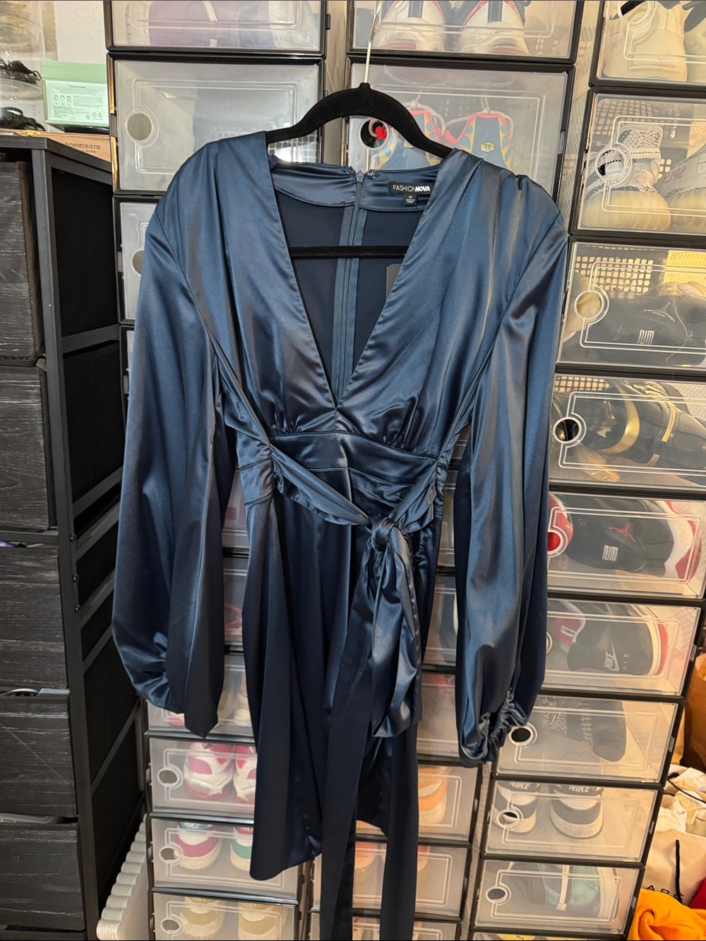 Fashion Nova Deep Navy Satin Wrap Dress with Tie Waist